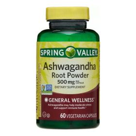 Spring Valley Ashwagandha Root Powder General Wellness Dietary Supplement Vegetarian Capsules, 500 mg, 60 Count - Spring Valley