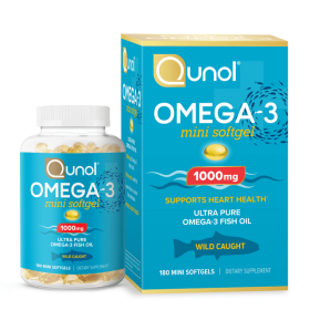 Qunol Mini Omega-3 Fish Oil Supplement (180 count) Heart Health Support with 1000mg Wild Caught Omega-3 Fatty Acids (Including EPA & DHA) - Qunol