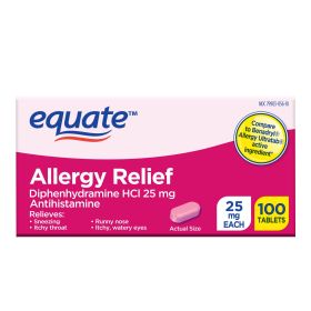 Equate Allergy Relief Tablets with Diphenhydramine HCl;  25mg Antihistamine;  100 Count - Equate