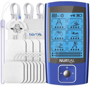 NURSAL 24 Modes Dual Channel TENS EMS Unit Muscle Stimulator for Pain Relief Therapy, 12 Pcs Electrode Pads - Blue