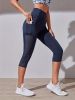 High Waist Yoga Capri Pants, Tummy Control Sports Legging Capri For Women With Out Pockets And Mesh Design - Navy Blue - S(4)